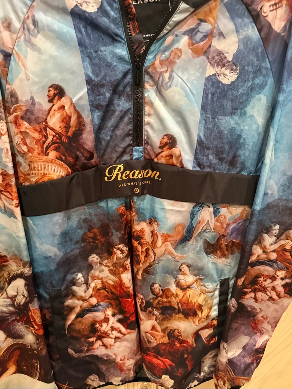 Reason Men's Multi-Color Classical Art Print Hooded windbreaker jacket, size L